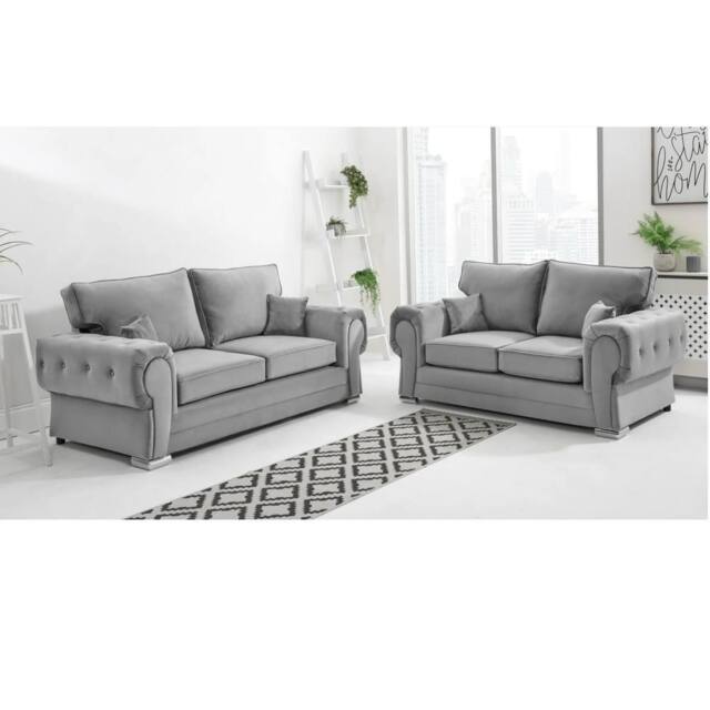 Furniture 786 Chingford Plush Velvet Full Back 3+2 Seater Sofa Set in Silver - image 1