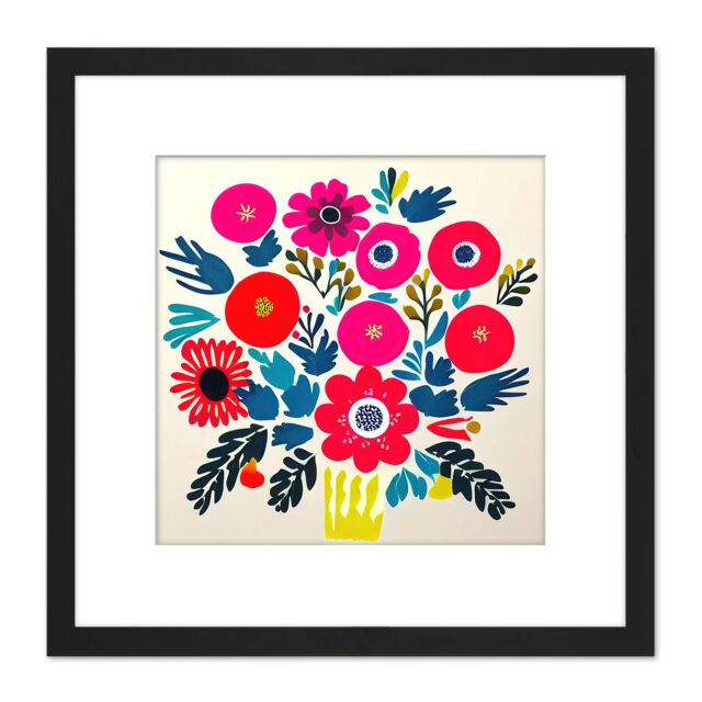 Artery8 Abstract Bouquet Of Red & Pink Flowers In A Yellow Vase Square Wooden Framed Wall Art Print Picture 8X8 Inch in Black - image 1
