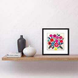 Artery8 Abstract Bouquet Of Red & Pink Flowers In A Yellow Vase Square Wooden Framed Wall Art Print Picture 8X8 Inch in Black - thumbnail 2