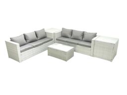 Fimous Garden Outdoor PE Rattan Furniture Set 6 Seater Rattan Garden Sofa Set with 2 Side Tables Light Grey Mixed - thumbnail 1