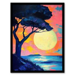 "Artery8 Tree Silhouette By Sea Large Sunset Sun Seascape Framed Art Print in Pink - Size: W12"" x H16""" - thumbnail 1