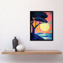 "Artery8 Tree Silhouette By Sea Large Sunset Sun Seascape Framed Art Print in Pink - Size: W12"" x H16""" - thumbnail 4