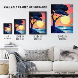 "Artery8 Tree Silhouette By Sea Large Sunset Sun Seascape Framed Art Print in Pink - Size: W12"" x H16""" - thumbnail 3
