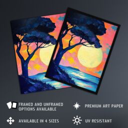 "Artery8 Tree Silhouette By Sea Large Sunset Sun Seascape Framed Art Print in Pink - Size: W12"" x H16""" - thumbnail 2