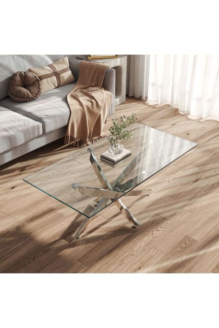 Living and Home 120 cm W x 60 cm D Rectangle Clear Tempered Glass Top Coffee Table with Chrome Legs - image 1