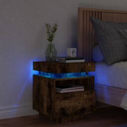 Berkfield Home Bedside Cabinet with LED Lights Smoked Oak 40x39x48.5 cm in Brown - thumbnail 1