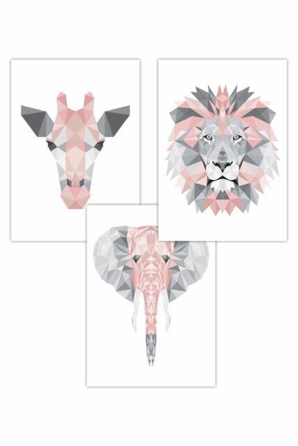 ARTZE Set of 3 Geometric Pink Grey Jungle Animal Heads Art Posters in Light Pink - Size: W50 cm x H70 cm - image 1