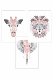 ARTZE Set of 3 Geometric Pink Grey Jungle Animal Heads Art Posters in Light Pink - Size: W50 cm x H70 cm - thumbnail 1