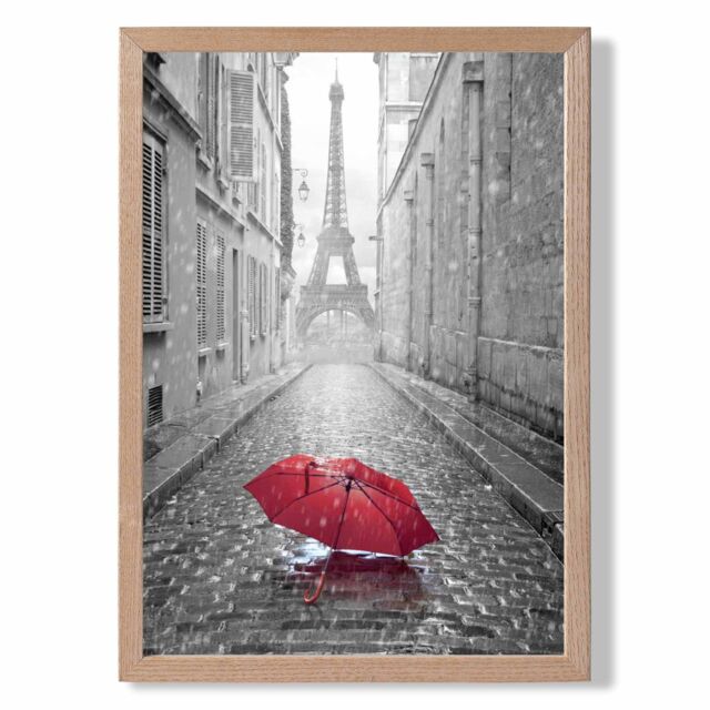 ARTZE Red Umbrella in Paris with Eiffel Tower Framed Print SIZE: A2 with Oak Frame in Black - Size: A3 - image 1