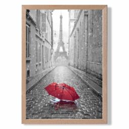 ARTZE Red Umbrella in Paris with Eiffel Tower Framed Print SIZE: A2 with Oak Frame in Black - Size: A3 - thumbnail 1
