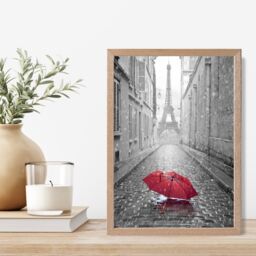 ARTZE Red Umbrella in Paris with Eiffel Tower Framed Print SIZE: A2 with Oak Frame in Black - Size: A3 - thumbnail 2