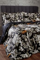 Edinburgh Weavers Lavish 200 Thread Count Floral Piped Cotton Sateen Duvet Cover Set in Black - Size: King - thumbnail 4