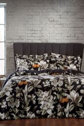 Edinburgh Weavers Lavish 200 Thread Count Floral Piped Cotton Sateen Duvet Cover Set in Black - Size: King - thumbnail 1