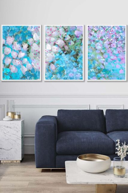 ARTZE Set of 3 White Framed Abstract Cottage Garden Flowers in Blue Wall Art in Bright Blue - Size: W33 cm x H45 cm x D20mm - image 1