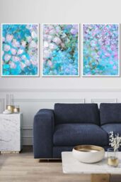 ARTZE Set of 3 White Framed Abstract Cottage Garden Flowers in Blue Wall Art in Bright Blue - Size: W33 cm x H45 cm x D20mm - thumbnail 1