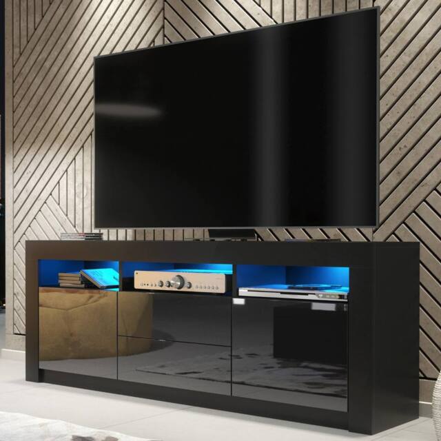Mex Furniture LTD TV Unit Shine 160cm - Black with Gloss Doors & LED Lights - image 1