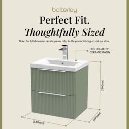 Balterley Fluted Wall Hung 2 Drawer Vanity Basin Unit & Basin 500mm, Satin Green - thumbnail 5