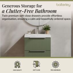 Balterley Fluted Wall Hung 2 Drawer Vanity Basin Unit & Basin 500mm, Satin Green - thumbnail 3