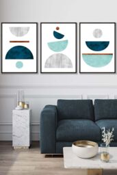 ARTZE Teal, Mint Green & Grey Abstract Mid Century Geometric Framed Wall Art - Large in Black - Size: W53 cm x H73 cm x D20mm