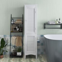 Costway 5-Tier Bathroom Tall Cabinet Slim Freestanding Storage Organizer Cupboard 2 Door in White - thumbnail 4