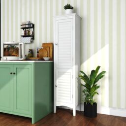 Costway 5-Tier Bathroom Tall Cabinet Slim Freestanding Storage Organizer Cupboard 2 Door in White - thumbnail 5