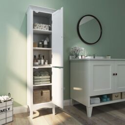 Costway 5-Tier Bathroom Tall Cabinet Slim Freestanding Storage Organizer Cupboard 2 Door in White - thumbnail 3