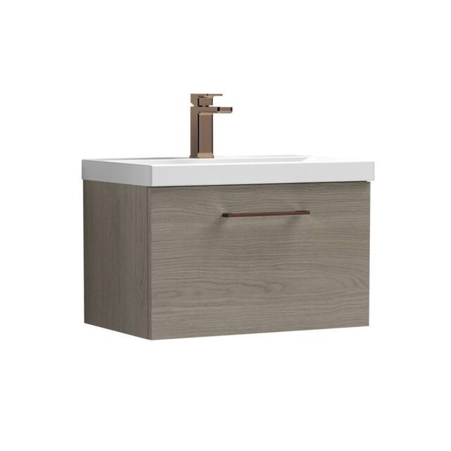 Balterley 600mm Wall Hung 1 Drawer Vanity Basin Unit, Mid Oak, Bronze Handle in Brown - image 1