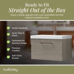 Balterley 600mm Wall Hung 1 Drawer Vanity Basin Unit, Mid Oak, Bronze Handle in Brown - thumbnail 4