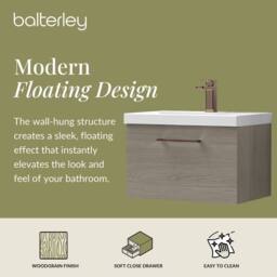 Balterley 600mm Wall Hung 1 Drawer Vanity Basin Unit, Mid Oak, Bronze Handle in Brown - thumbnail 2
