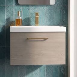 Balterley 600mm Wall Hung 1 Drawer Vanity Basin Unit, Mid Oak, Bronze Handle in Brown - thumbnail 9