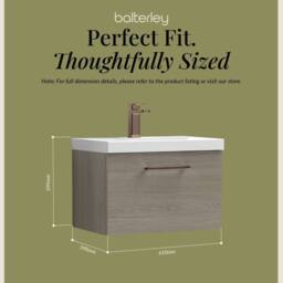 Balterley 600mm Wall Hung 1 Drawer Vanity Basin Unit, Mid Oak, Bronze Handle in Brown - thumbnail 5