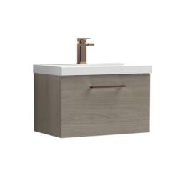 Balterley 600mm Wall Hung 1 Drawer Vanity Basin Unit, Mid Oak, Bronze Handle in Brown