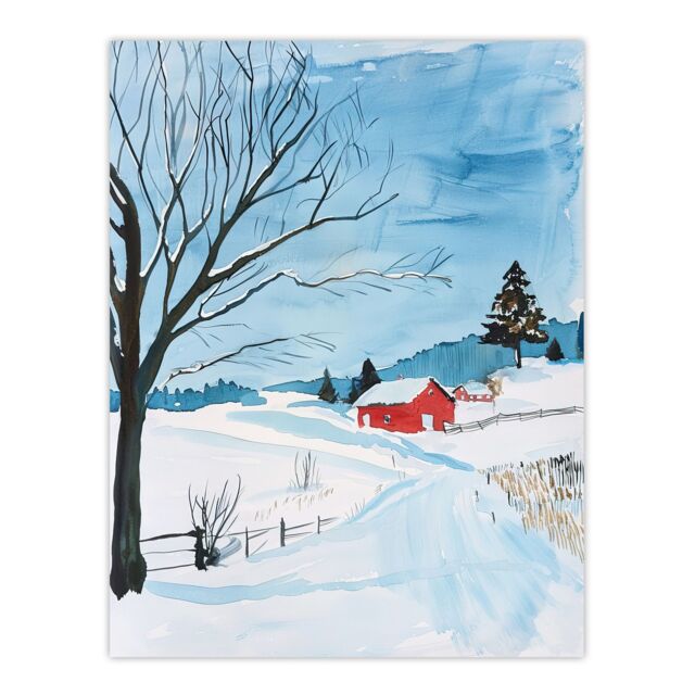 "Artery8 Red Swedish Cottage in Winter Snow Countryside Wall Art Print in Blue - Size: W18"" x H24""" - image 1