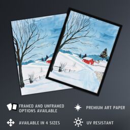 "Artery8 Red Swedish Cottage in Winter Snow Countryside Wall Art Print in Blue - Size: W18"" x H24""" - thumbnail 2