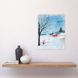 "Artery8 Red Swedish Cottage in Winter Snow Countryside Wall Art Print in Blue - Size: W18"" x H24""" - thumbnail 4