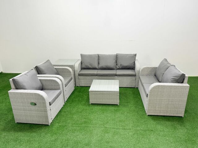 Fimous PE Rattan Garden Furniture Set Adjustable Chair Sofa Double Love Seat 2 Seater Sofa Lounge Set Square Coffee Table Side Table Light Grey - image 1