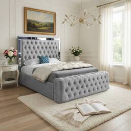 Casani Ludgershall Mirror Upholstered Grey Soft Velvet Designer Bed Frame - Size: Small Single
