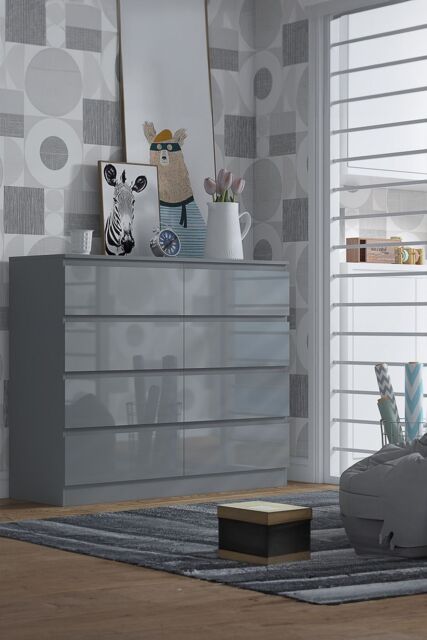 FWStyle Stora Gloss 8 Drawer Modern Chest Of Drawers Extra Deep Storage Space in Grey - image 1