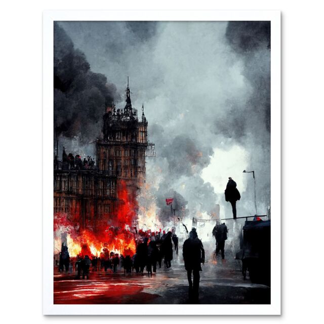 "Artery8 Wall Art Print Anarchy Civil Unrest Punk Rioting UK Houses Parliament Art Framed in White - Size: W12"" x H16""" - image 1