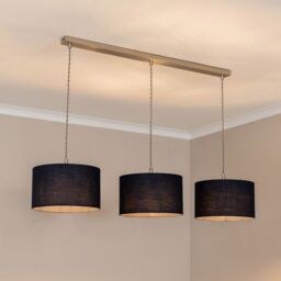 ValueLights Reni Fabric Drum Shade 3 Drop Bar Chrome Diner Ceiling Pendant Light in Navy - thumbnail 1