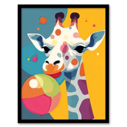 Artery8 Wall Art Print Cute Colourful Giraffe With Balloon Graphic Artwork Zoo Animal Birthday Party Kids Bedroom Painting Art Framed - thumbnail 1