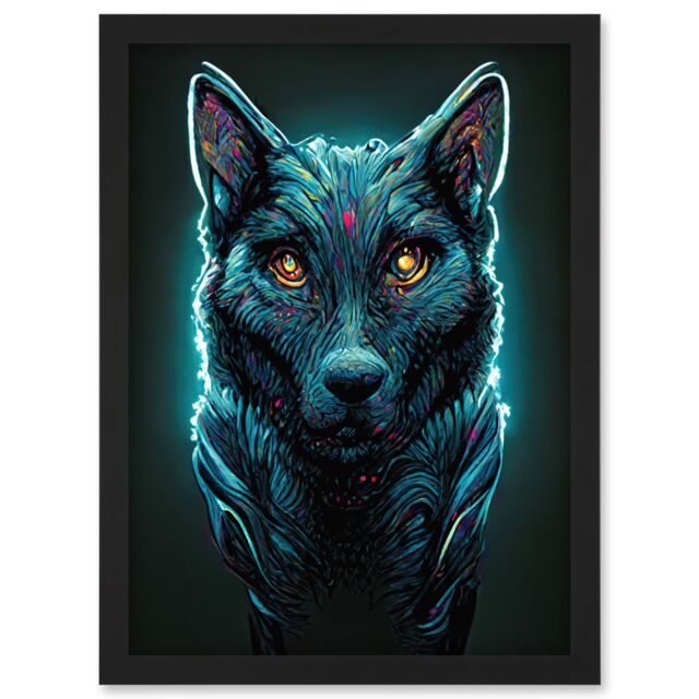 Artery8 Electric Blue Luminescent Wolf Spirit Animal Guide Artwork Framed Wall Art Print A4 in Black - image 1