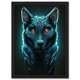 Artery8 Electric Blue Luminescent Wolf Spirit Animal Guide Artwork Framed Wall Art Print A4 in Black - thumbnail 1