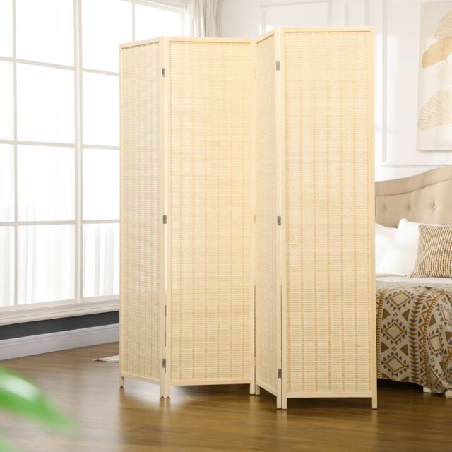HOMCOM 4 Panel Room Divider 170cm Folding Privacy Screen with Pine Wood Frame in Light Brown - image 1