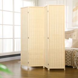 HOMCOM 4 Panel Room Divider 170cm Folding Privacy Screen with Pine Wood Frame in Light Brown - thumbnail 1