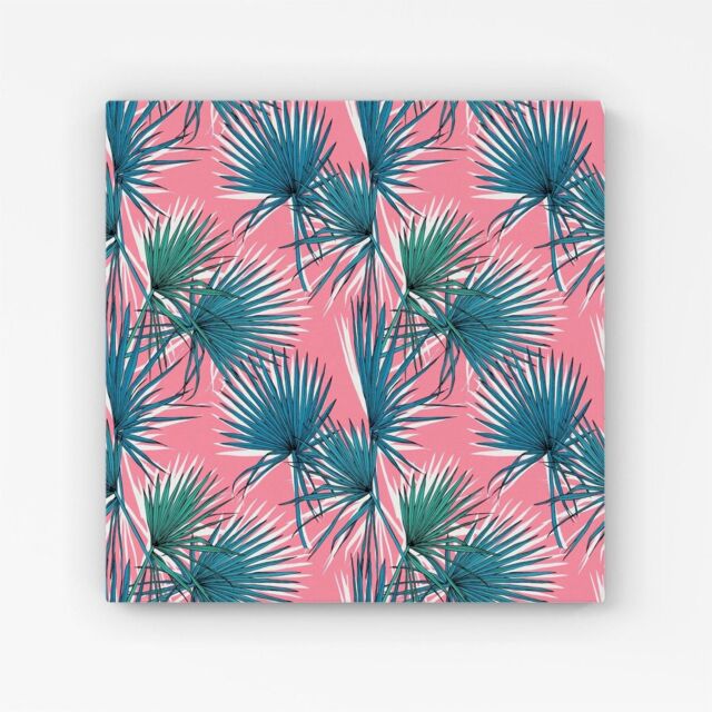 "Warren Reed - Designer Pink Green Fan Palms Canvas - Size: W30"" x H30""" - image 1