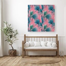 "Warren Reed - Designer Pink Green Fan Palms Canvas - Size: W30"" x H30""" - thumbnail 3