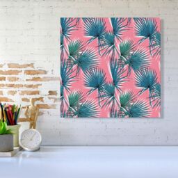 "Warren Reed - Designer Pink Green Fan Palms Canvas - Size: W30"" x H30""" - thumbnail 2