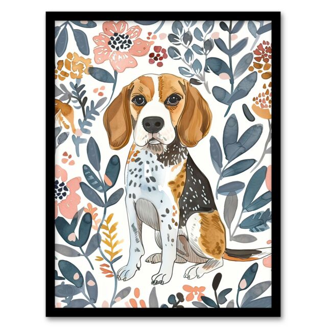 "Artery8 Dog Lover Beagle in Flower Garden Watercolour Framed Wall Art - Size: W12"" x H16""" - image 1
