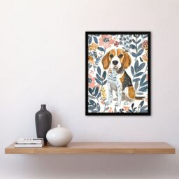 "Artery8 Dog Lover Beagle in Flower Garden Watercolour Framed Wall Art - Size: W12"" x H16""" - thumbnail 4